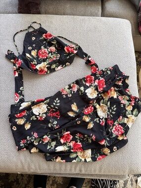 Style Rack Black Maxi Skirt Set with Red & Cream Floral Print